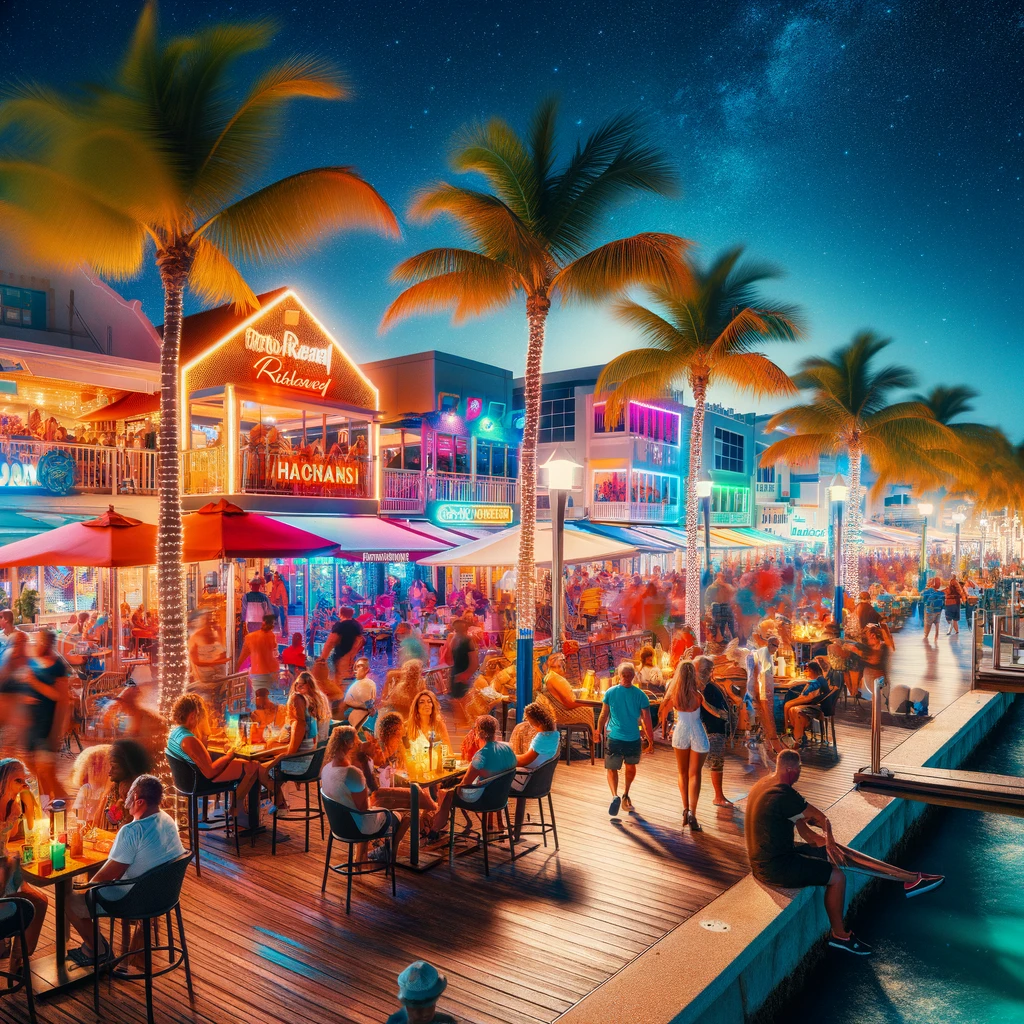 Nighttime scene on the Aruba Boardwalk with people enjoying bars and restaurants, colorful lights illuminating palm trees, and the ocean in the background.